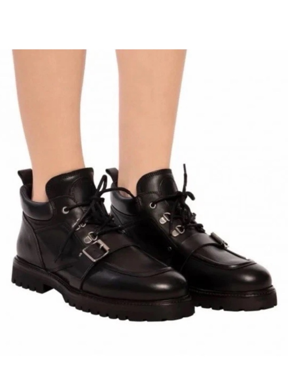 All Saints Ankle Boots Sz 37 US 6 Black Yarrow Lather Buckle Lace Up Biker Moto